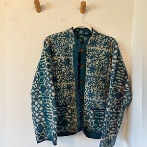 Reversible Quilted Jacket Buttons Blue/Green Floral Sz L *See Measurements
